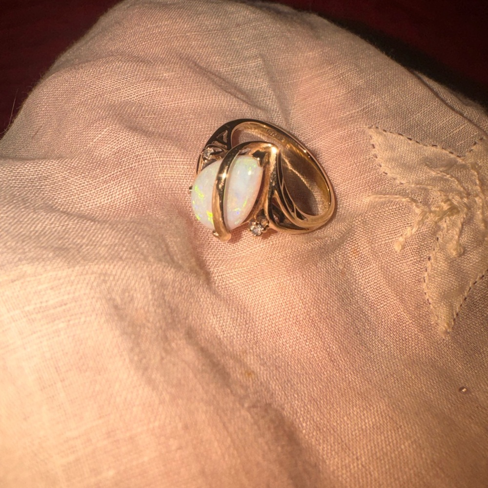 Gold Opal Ring with White Opal Cabochon